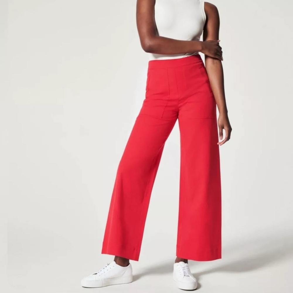 NWT SPANX Pants On the Go Wide Leg High Rise Crop Pull-on Red L 1218